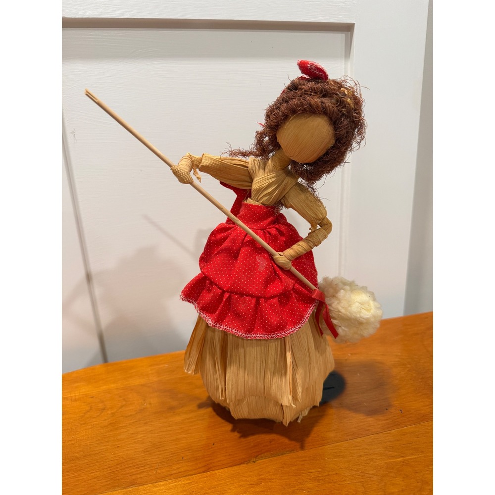 Vintage Corn Husk Doll Red Polka Dot Apron Broom Folk Art Handcrafted 12 Inch